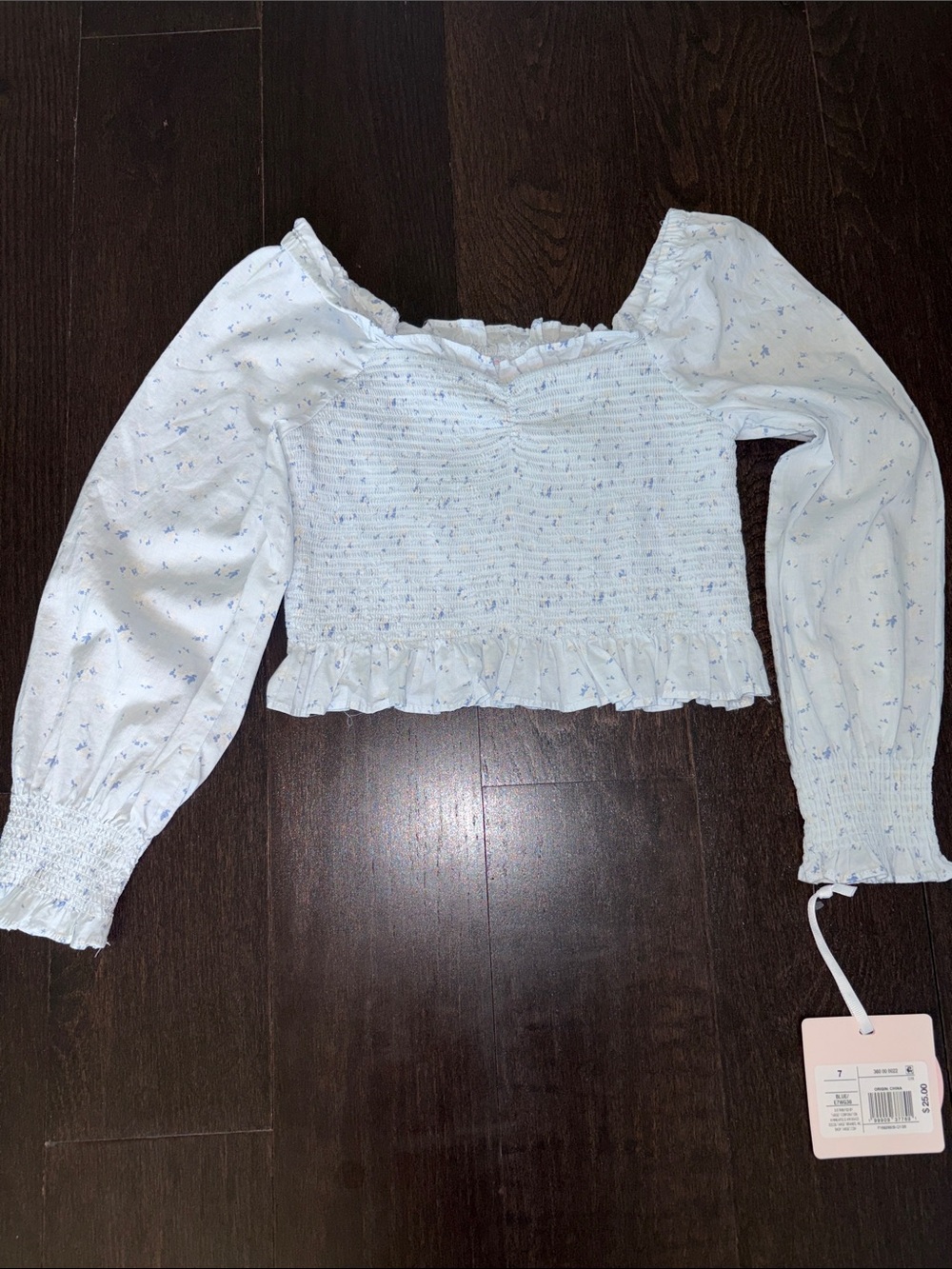 LoveShackFancy Girls Light Blue Floral Smocked Long Sleeve Top
